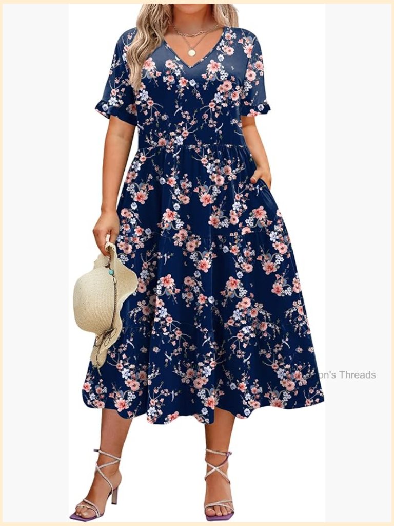 Plus Size Short Sleeve Midi Dress With Pockets